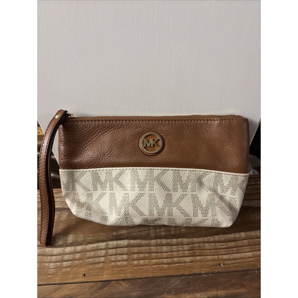 Michael Kors Brown & Tan Logo Wristlet Clutch Purse - Picture 1 of 7